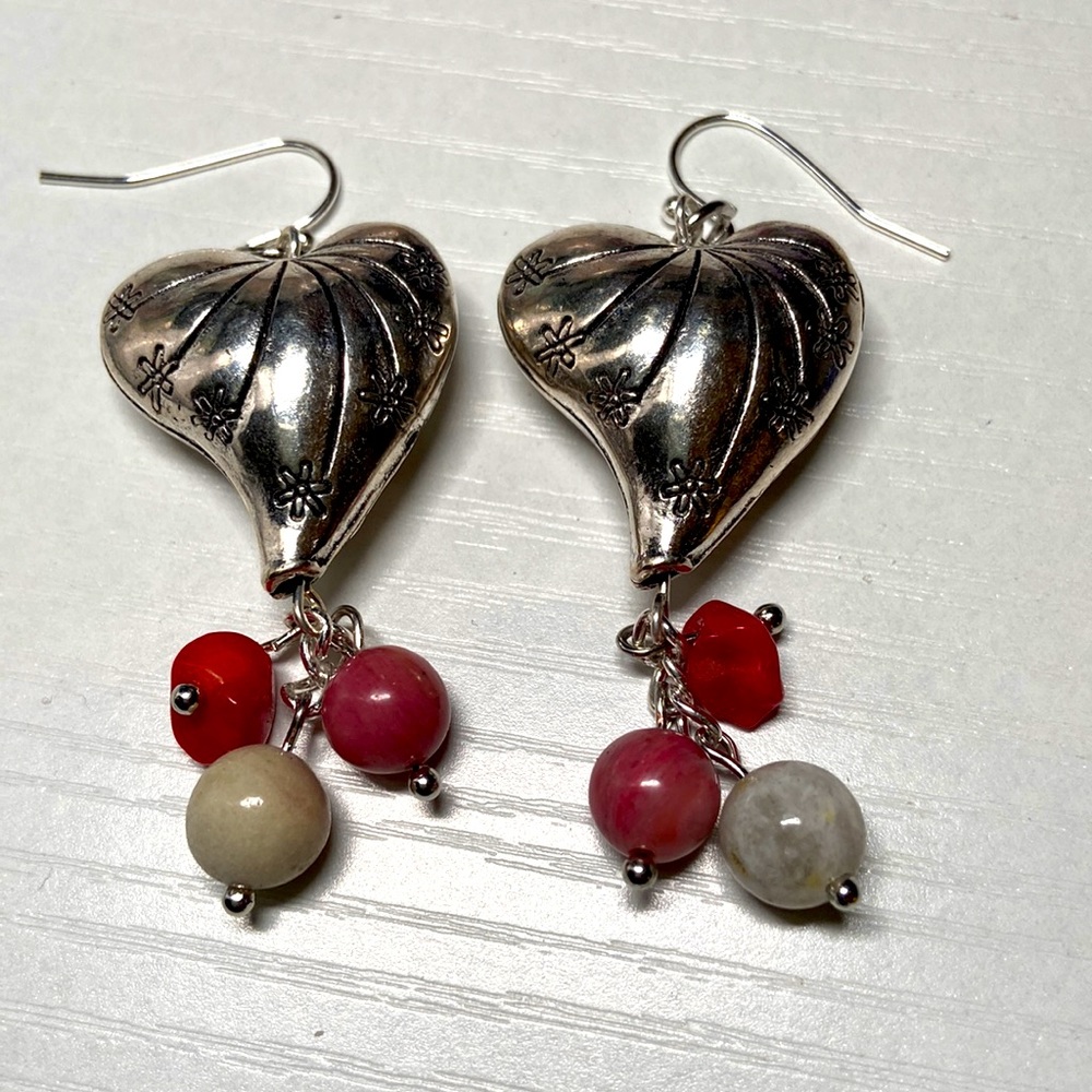 Handmade amazonite, rhodonite and red bamboo coral with silver heart earrings.